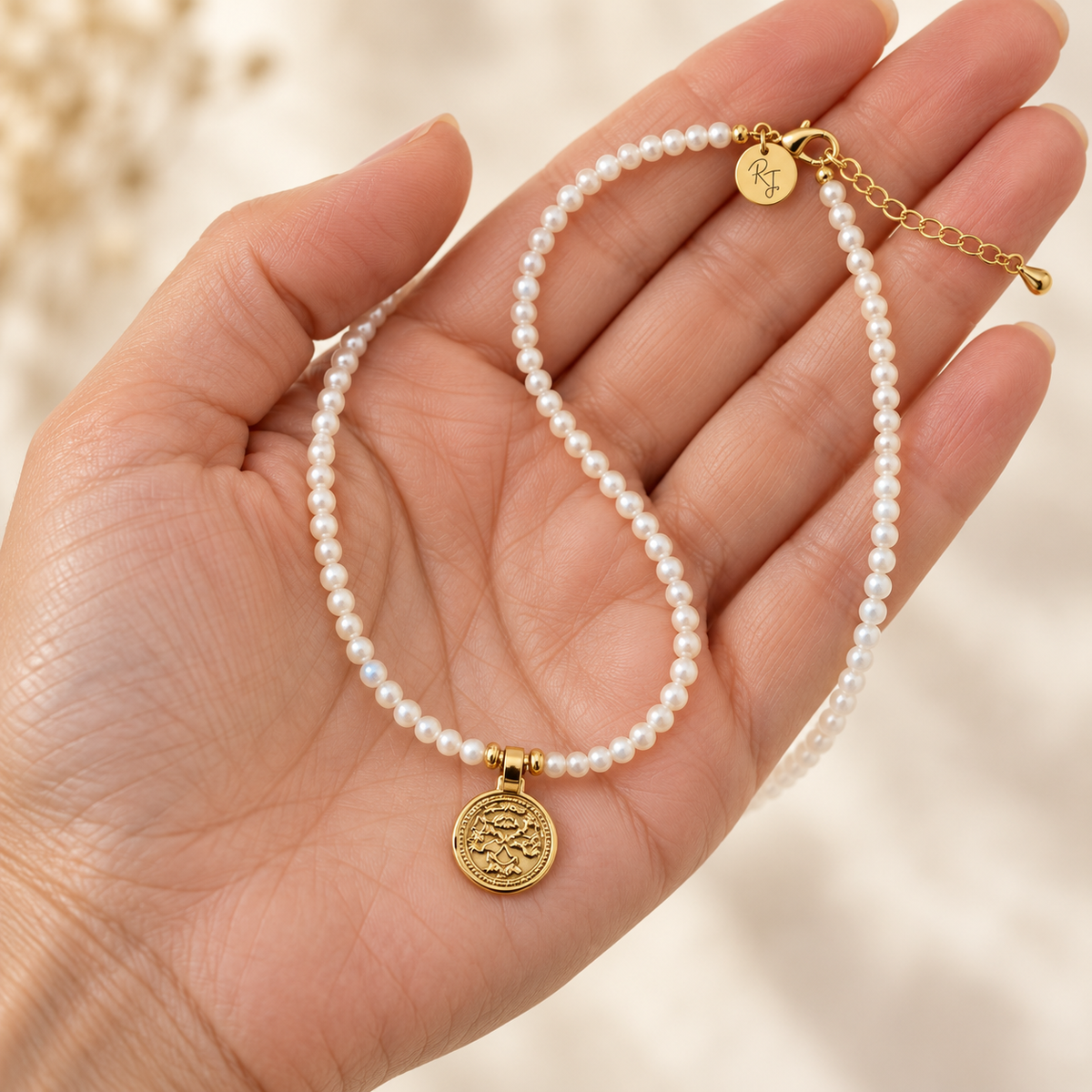 White Moonstone & Gold Medallion Necklace