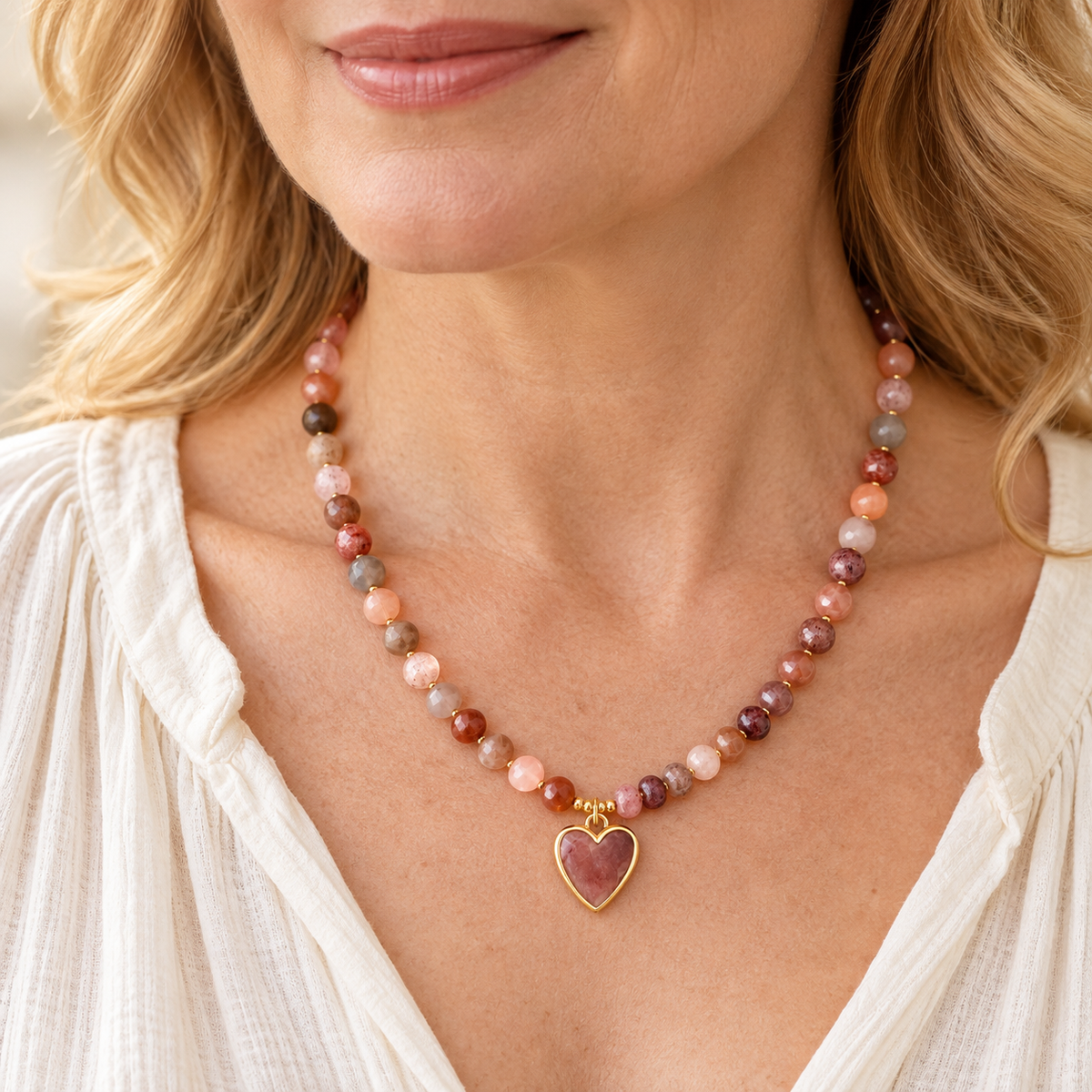 Strawberry Quartz & Rainbow Moonstone Heart Necklace