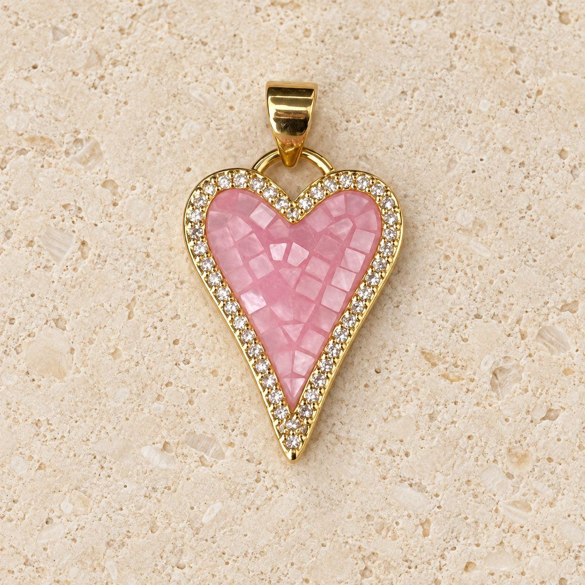 Heart Mother of Pearl and Gold Pendant with Cubic Zirconia – Sparkly Pink