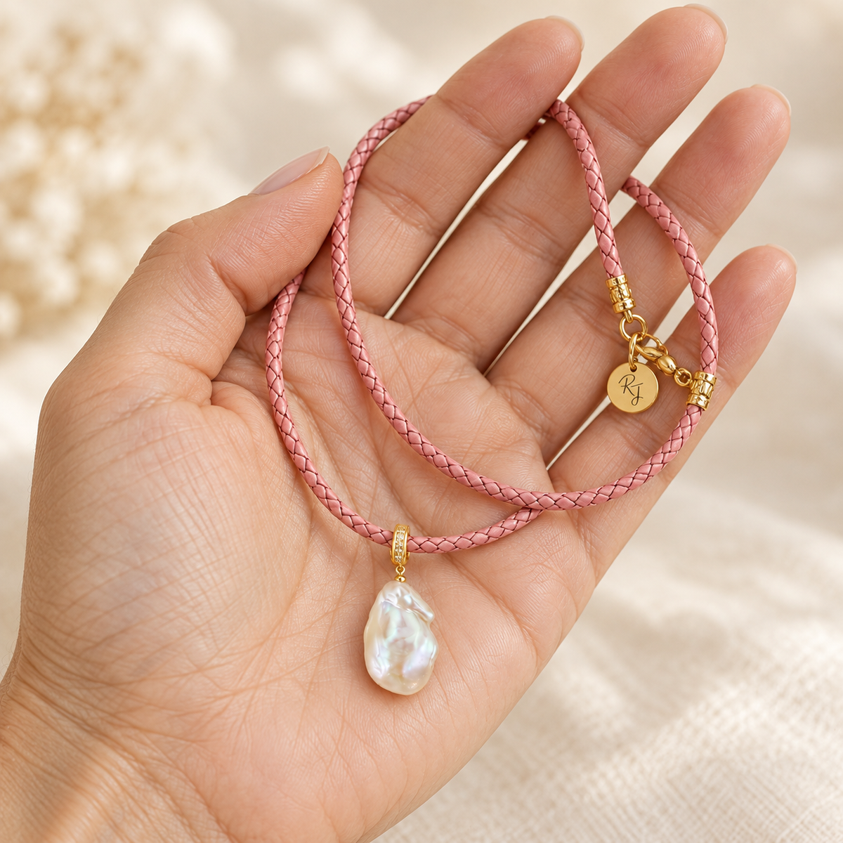 Large Baroque Freshwater Pearl on Pink Braided Leather