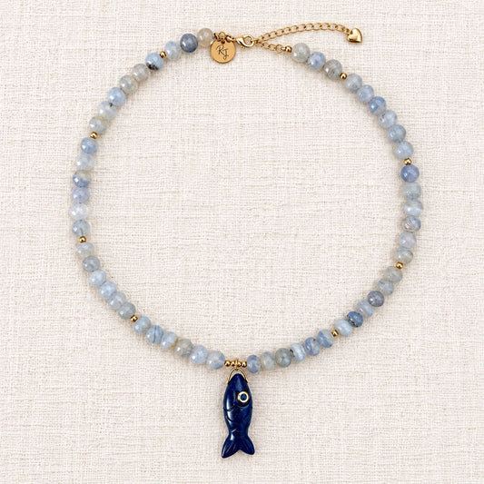 Blue Chalcedony & Lapis Fish Pendant Necklace