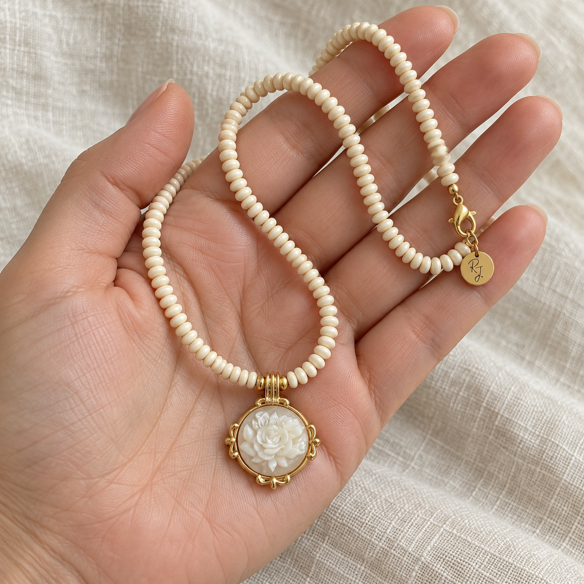 White Fossil Jasper & Mother-of-Pearl Rose Necklace