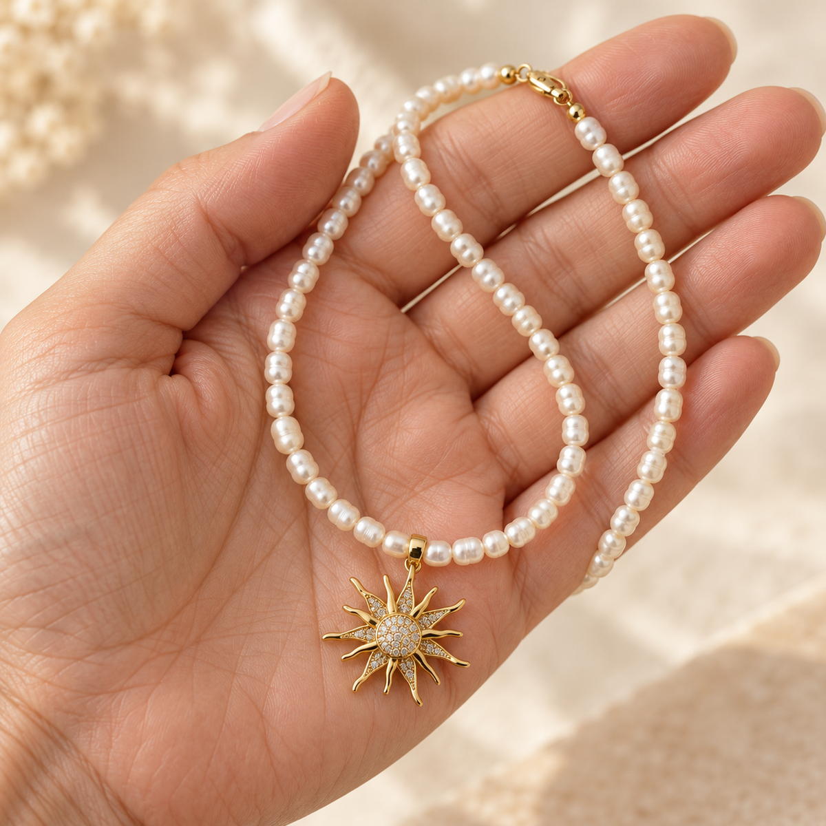 Rice Pearl & Cubic Zirconia Sunburst Necklace