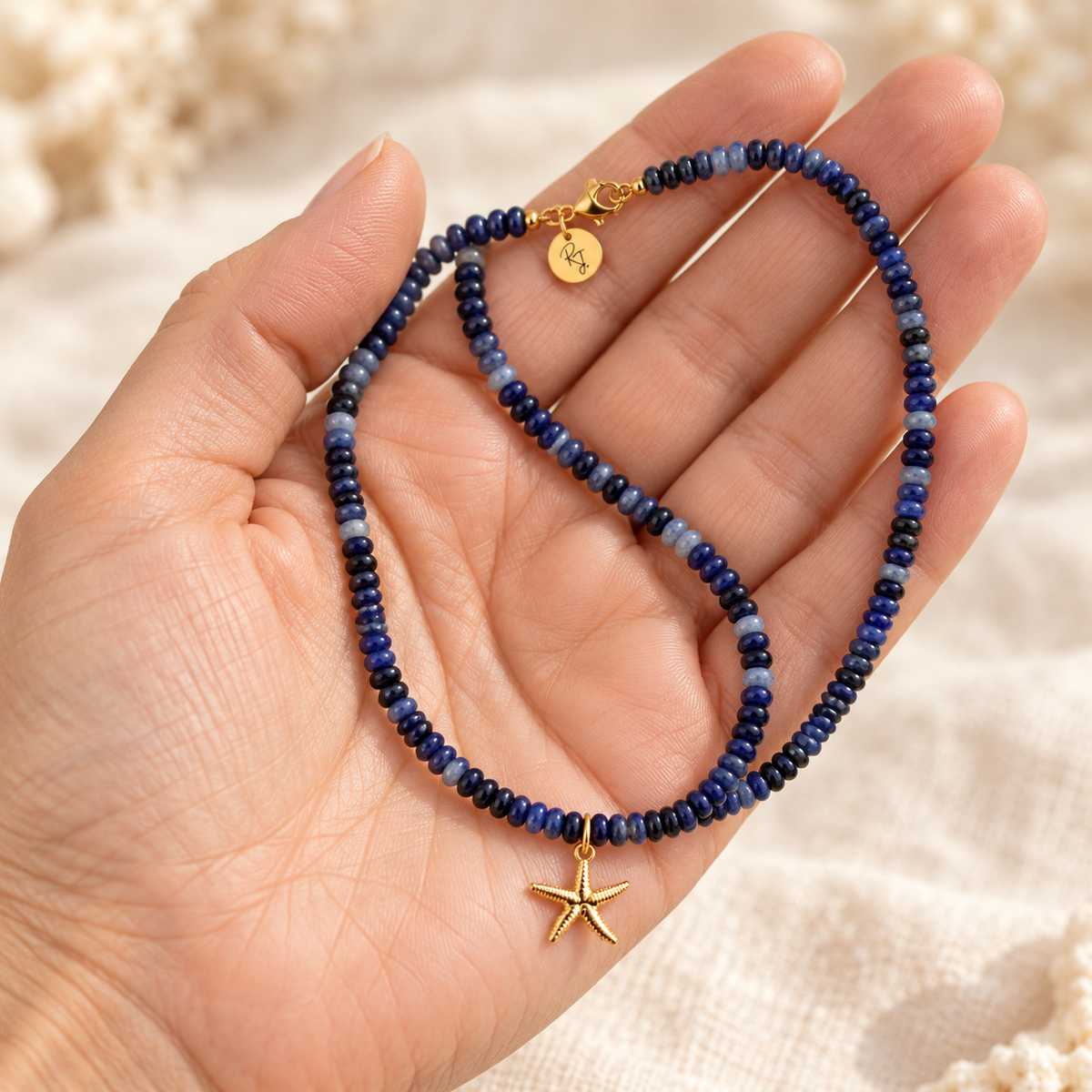 Faceted Sodalite Rondelle & Starfish Charm Necklace
