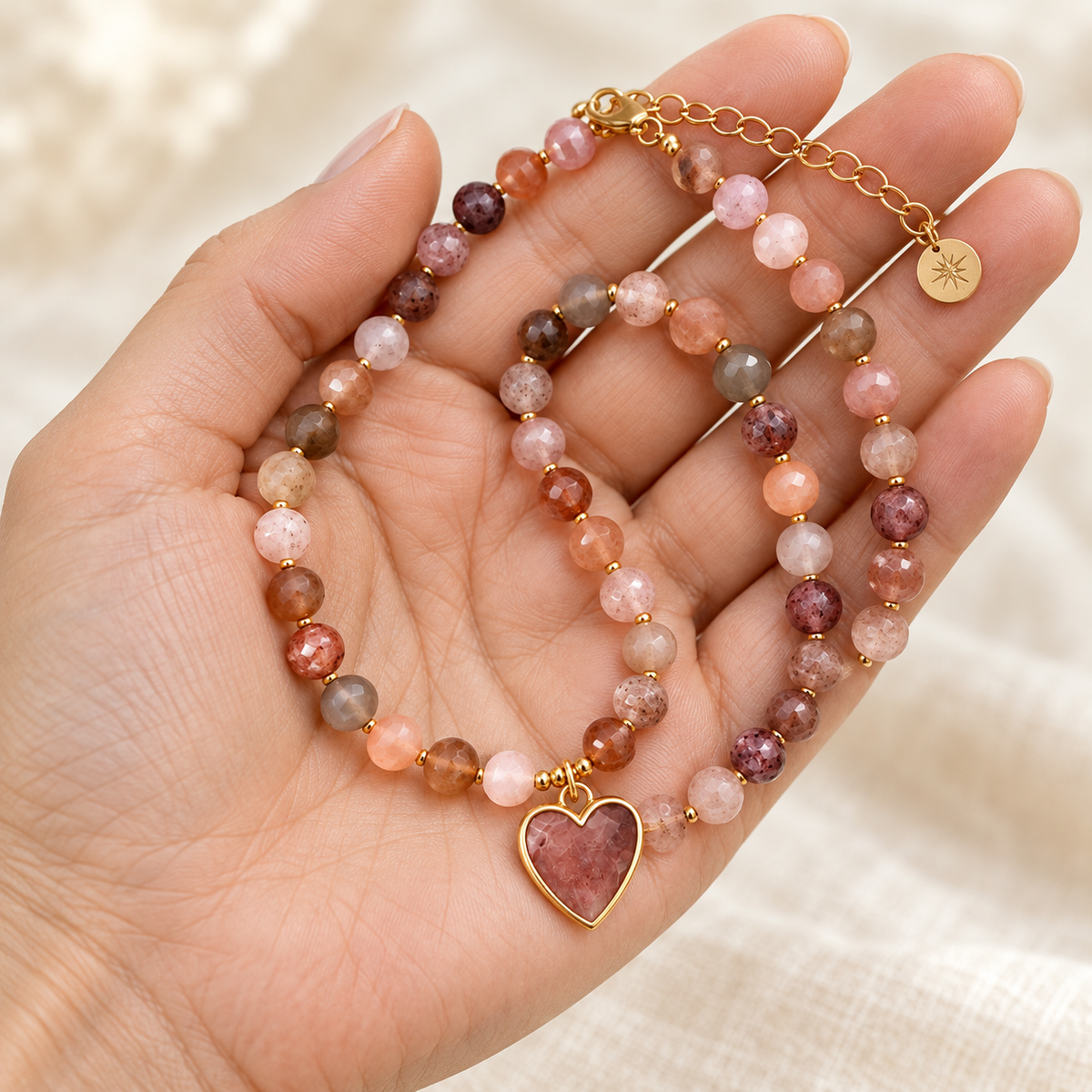 Strawberry Quartz & Rainbow Moonstone Heart Necklace