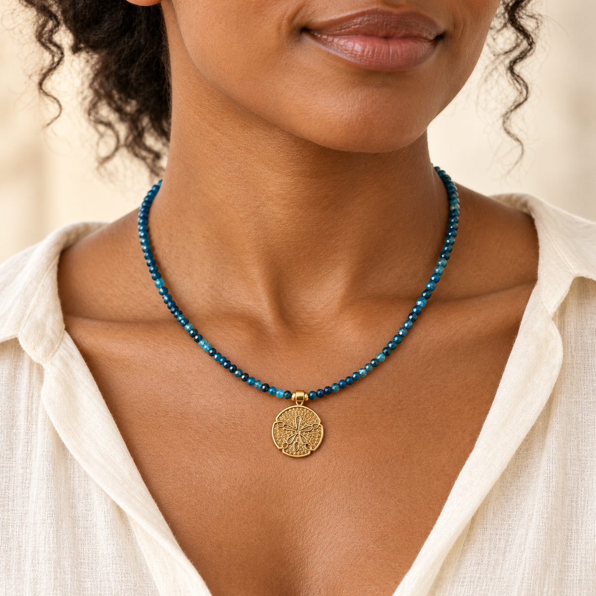 Blue Apatite & Gold Medallion Necklace