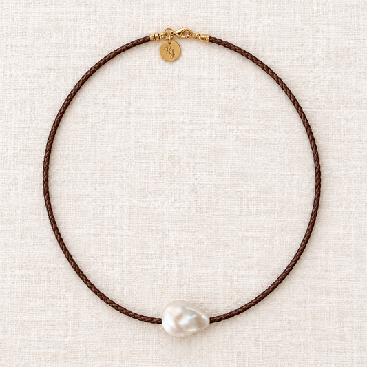 Brown Leather & Baroque Pearl Necklace