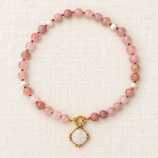 Madagascar Rose Quartz & Mother of Pearl Carved Pendant Necklace
