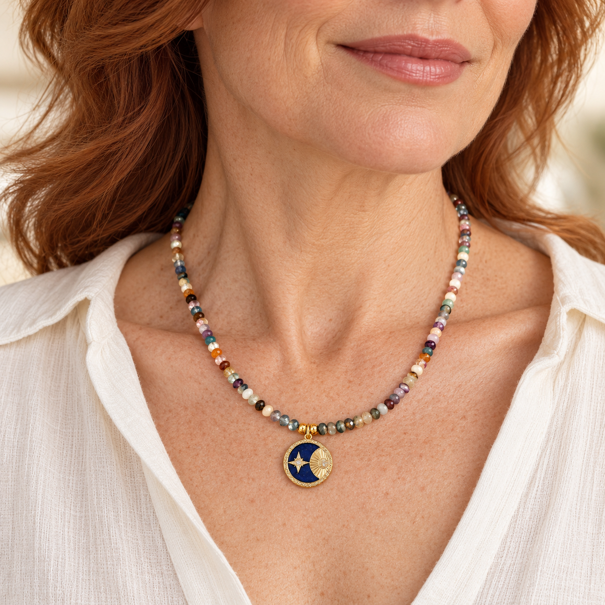 Faceted Multicolored Tourmaline & Compass Medallion Necklace