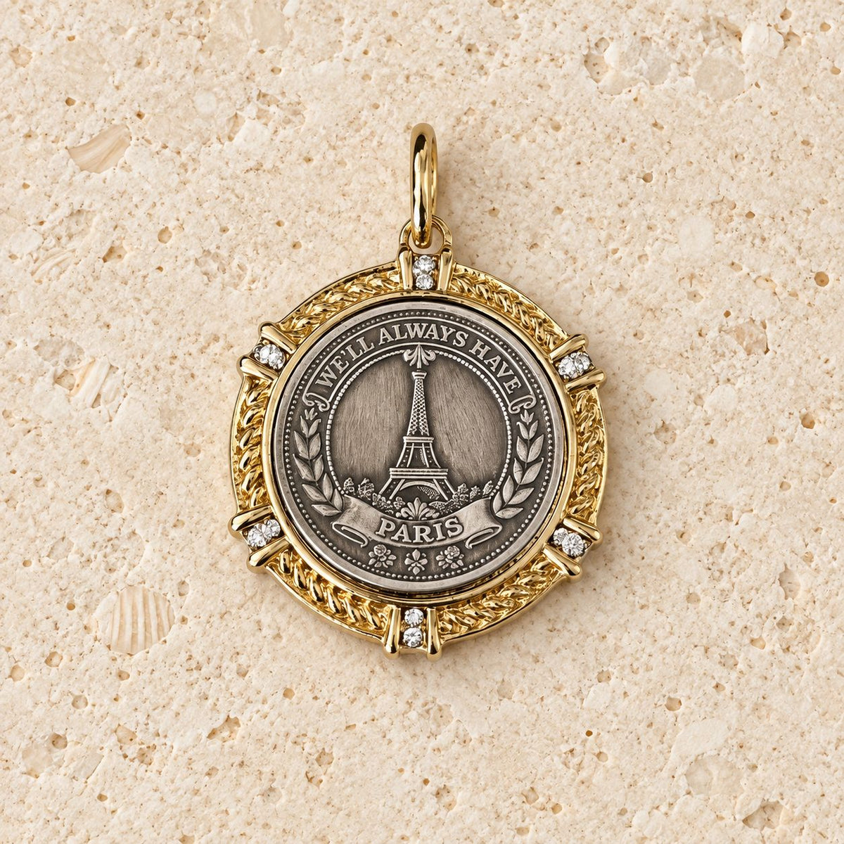Parisian Eiffel Tower Paris Coin Pendant "We Will Always Have Paris"