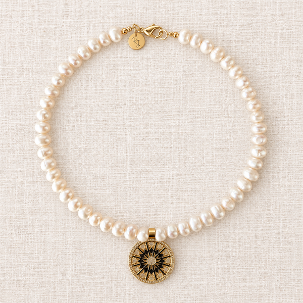 Freshwater Pearl & Compass Medallion Necklace
