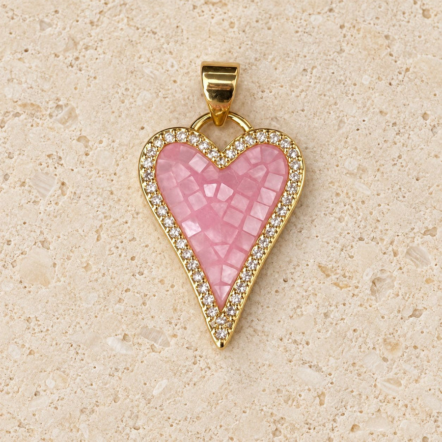 Heart Mother of Pearl and Gold Pendant with Cubic Zirconia – Sparkly Pink