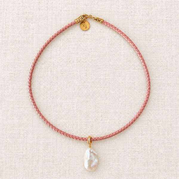 Large Baroque Freshwater Pearl on Pink Braided Leather