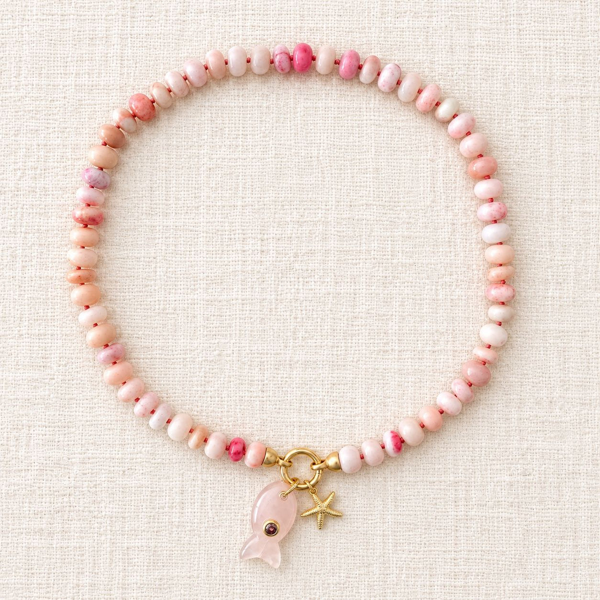 Hand-Knotted Light Pink Peruvian Opal & Fish Pendant Necklace