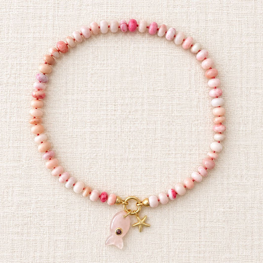 Hand-Knotted Light Pink Peruvian Opal & Fish Pendant Necklace