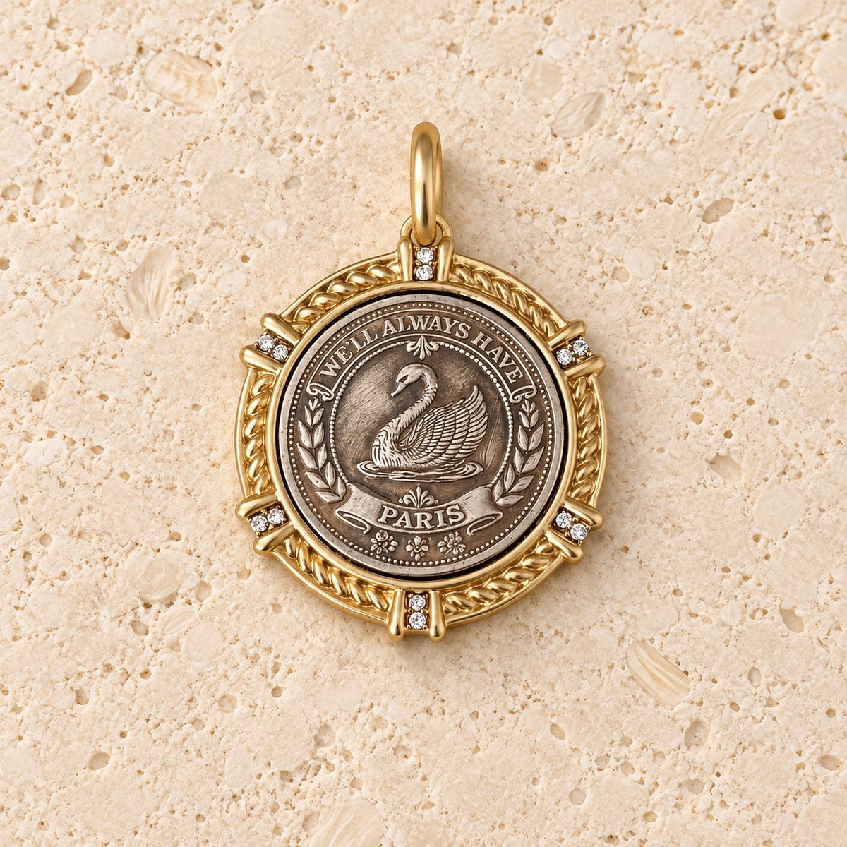 Parisian Paris Swan Coin Pendant "We Will Always Have Paris"