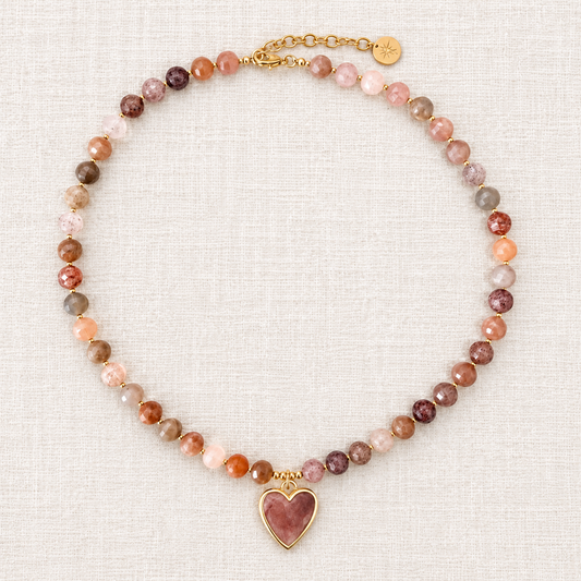 Strawberry Quartz & Rainbow Moonstone Heart Necklace