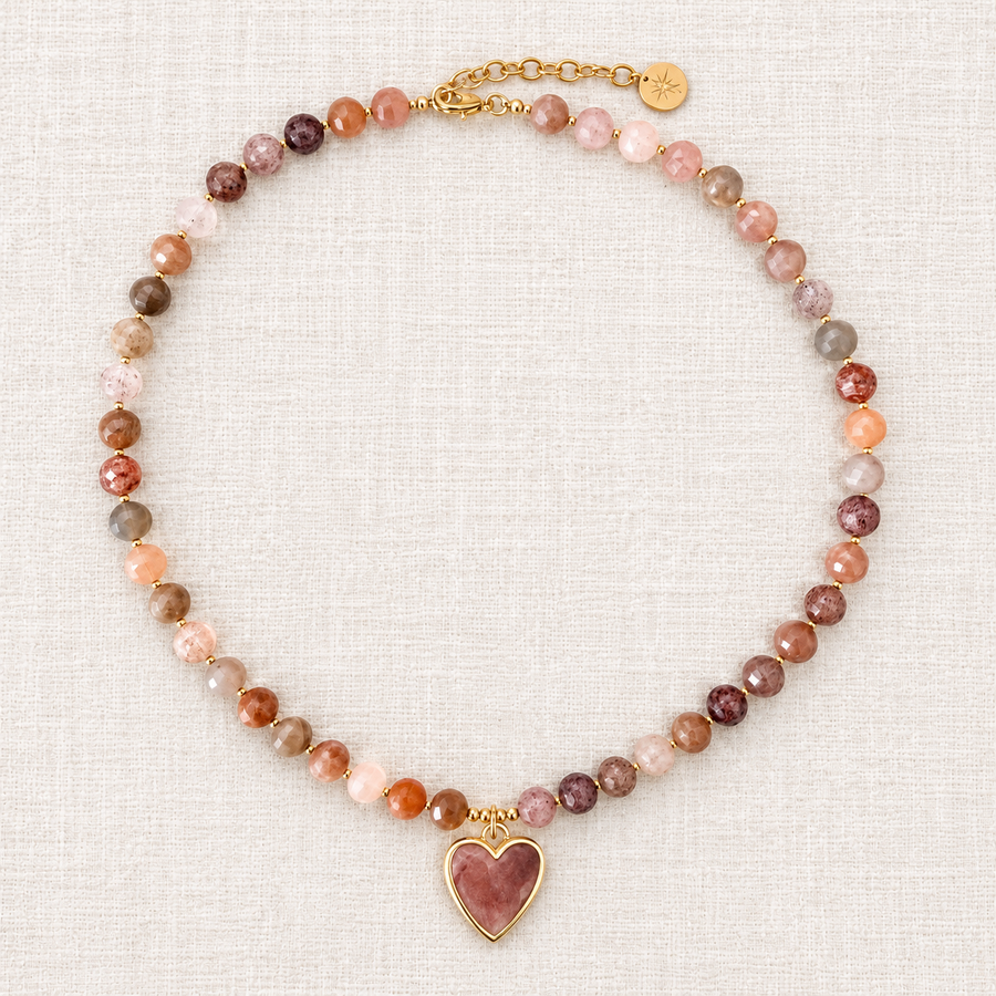 Strawberry Quartz & Rainbow Moonstone Heart Necklace