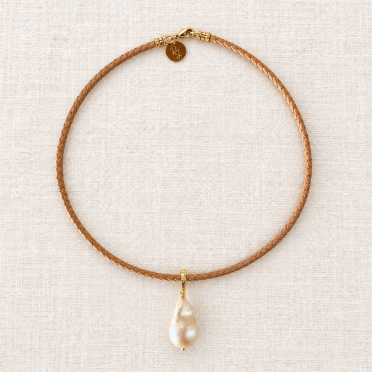 Large Baroque Freshwater Pearl on Tan Braided Leather
