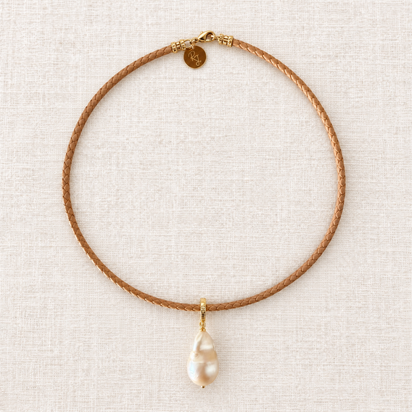 Large Baroque Freshwater Pearl on Tan Braided Leather