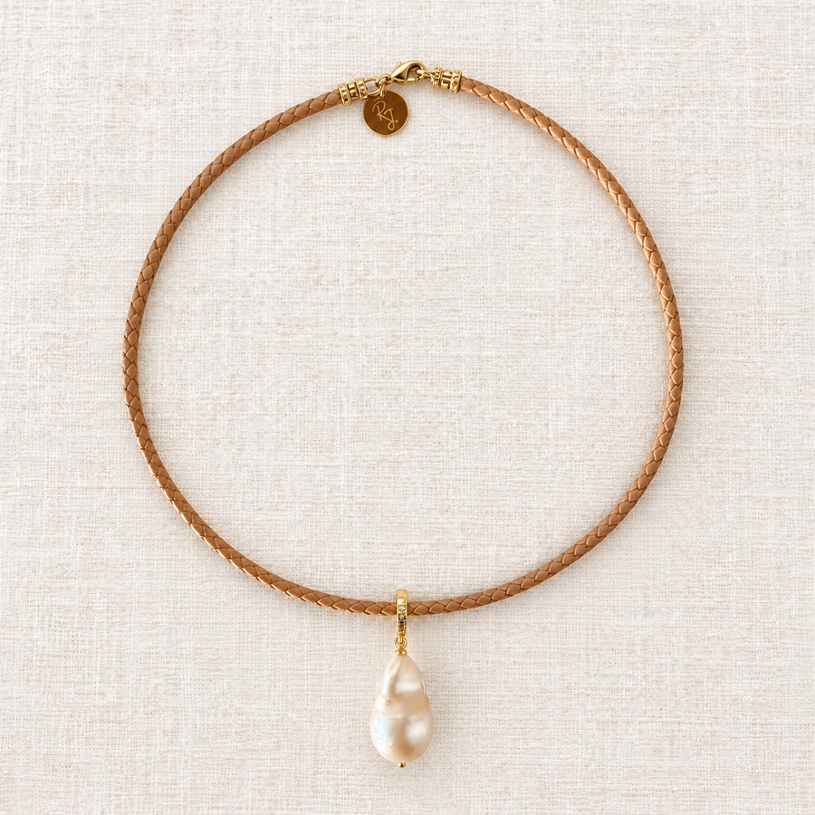 Large Baroque Freshwater Pearl on Tan Braided Leather