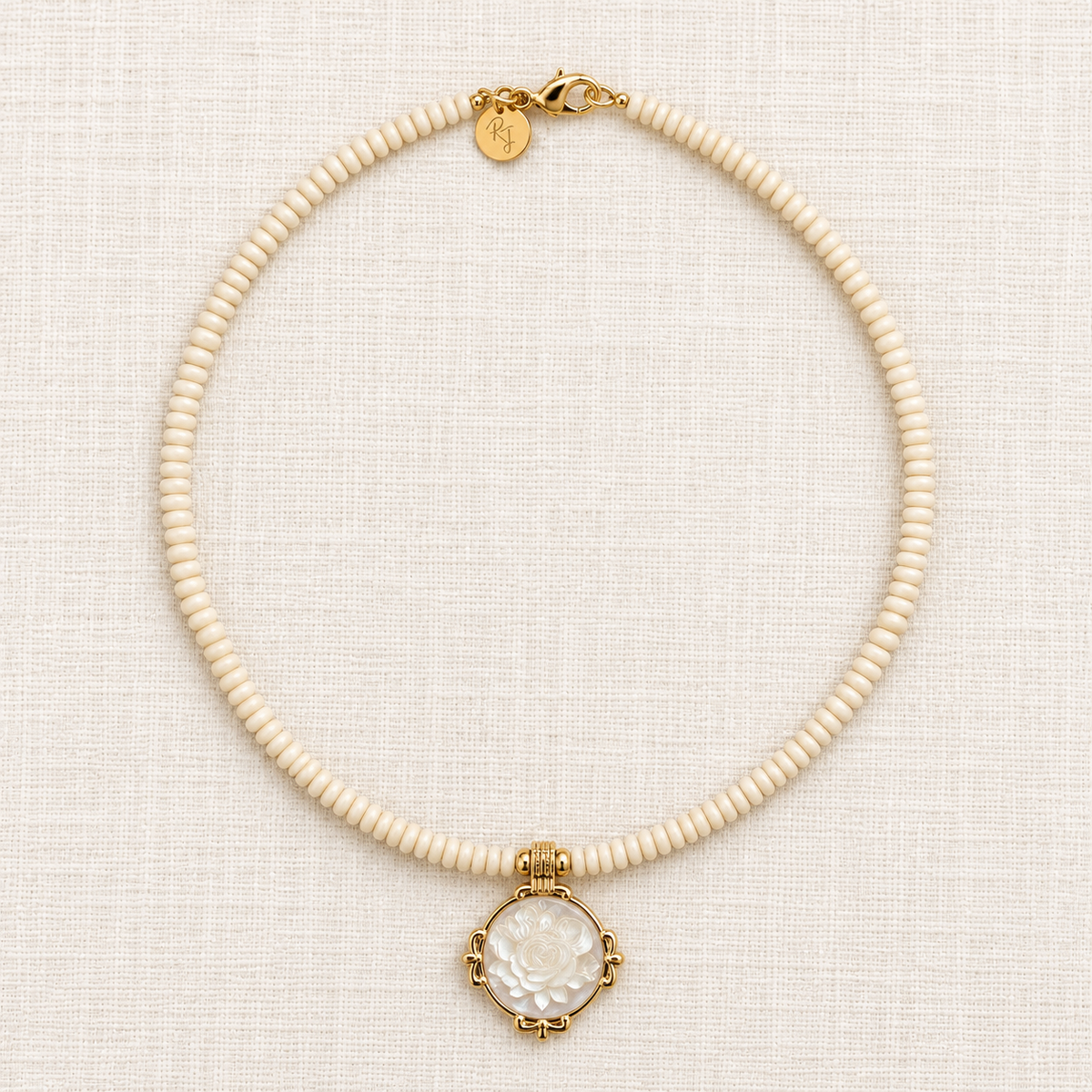 White Fossil Jasper & Mother-of-Pearl Rose Necklace