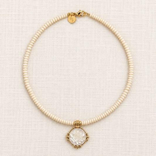 White Fossil Jasper & Mother-of-Pearl Rose Necklace