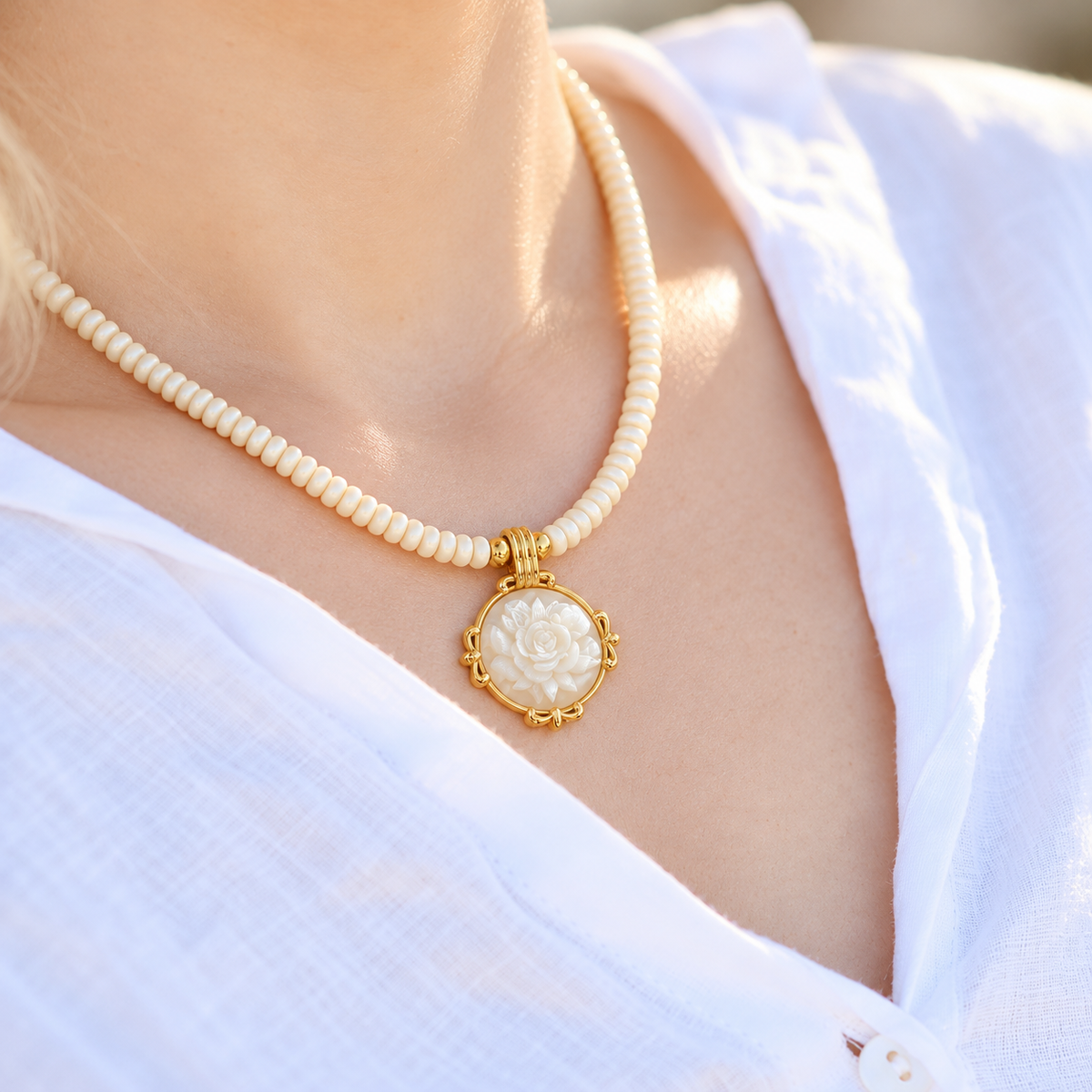 White Fossil Jasper & Mother-of-Pearl Rose Necklace